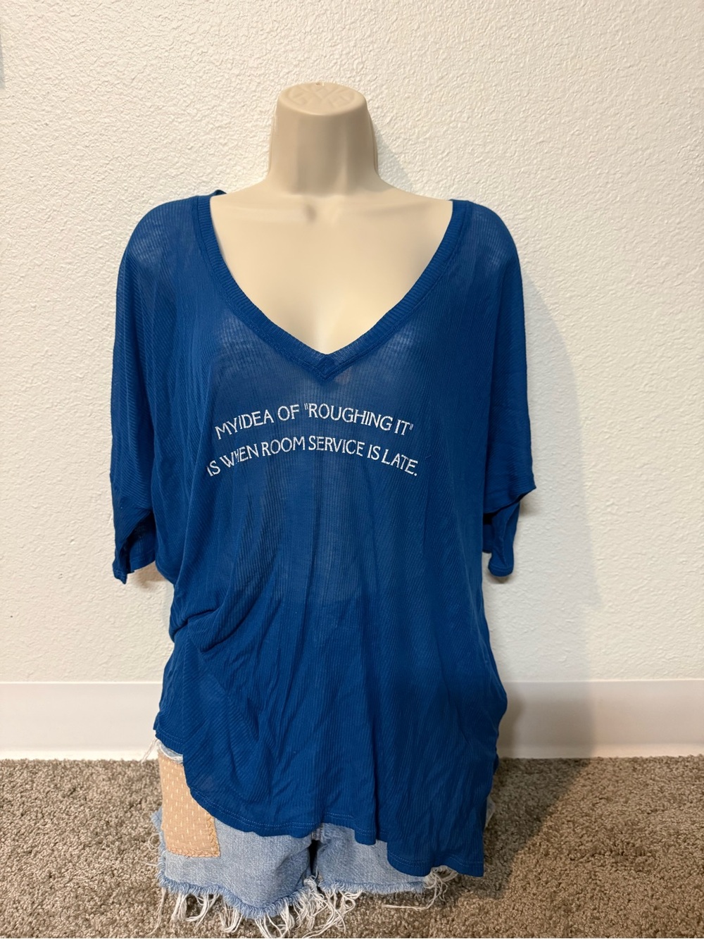 Wildfox Blue VNeck oversized 3/4 Sleeve Graphic semisheer Tee shirt Room service